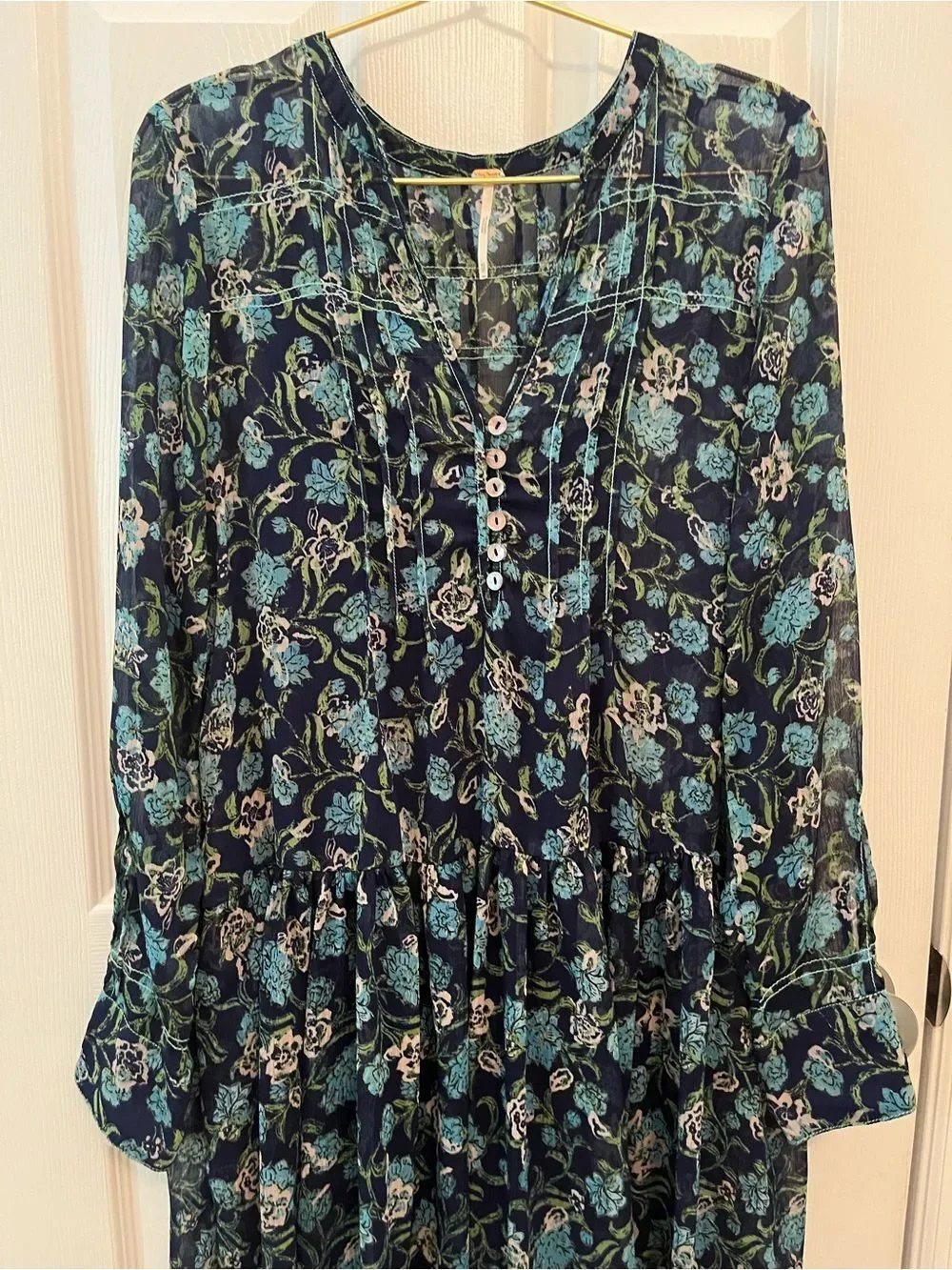 Free People Navy Blue Floral Boho Maxi Dress XS Cottagecore Festival Midi Maxi